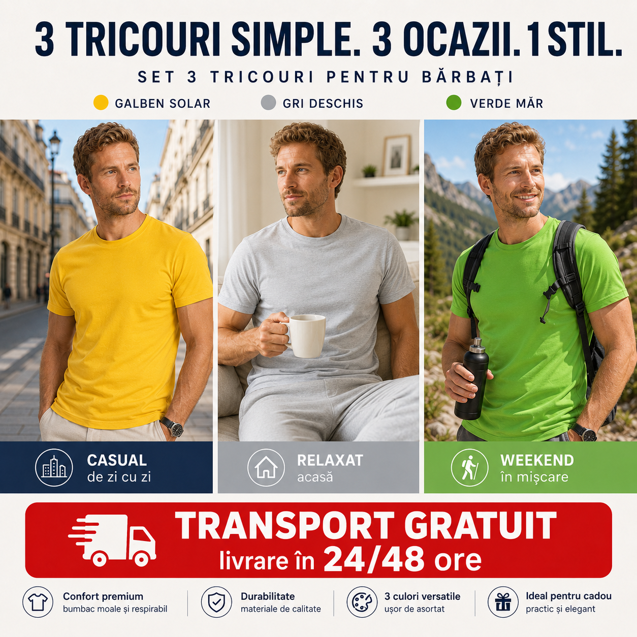 Tricouri bărbați galben gri deschis și verde mar din bumbac 100% pentru ținute casual